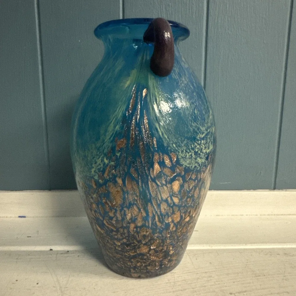 Pier 1 Imports ‎ Art Glass Milano Amphora Teal Blue Gold 8